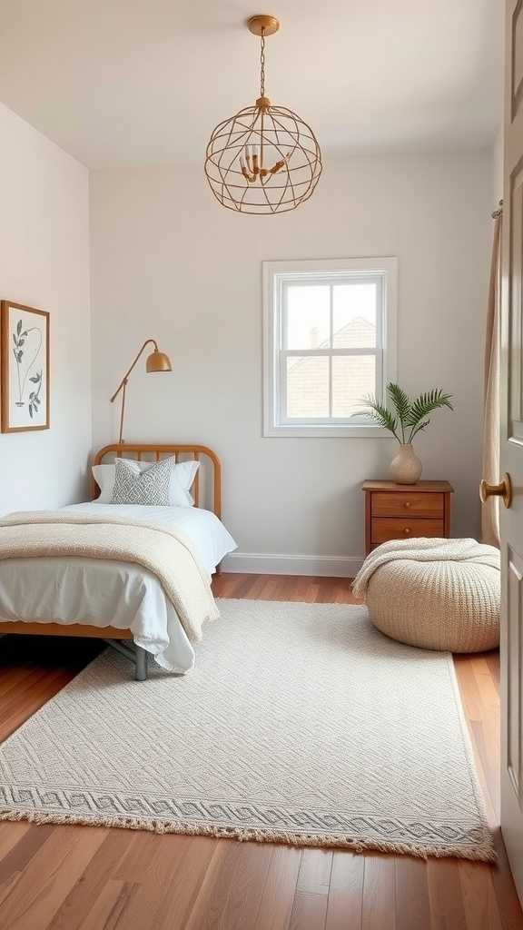 A cozy small bedroom featuring a soft rug under a bed and warm decor