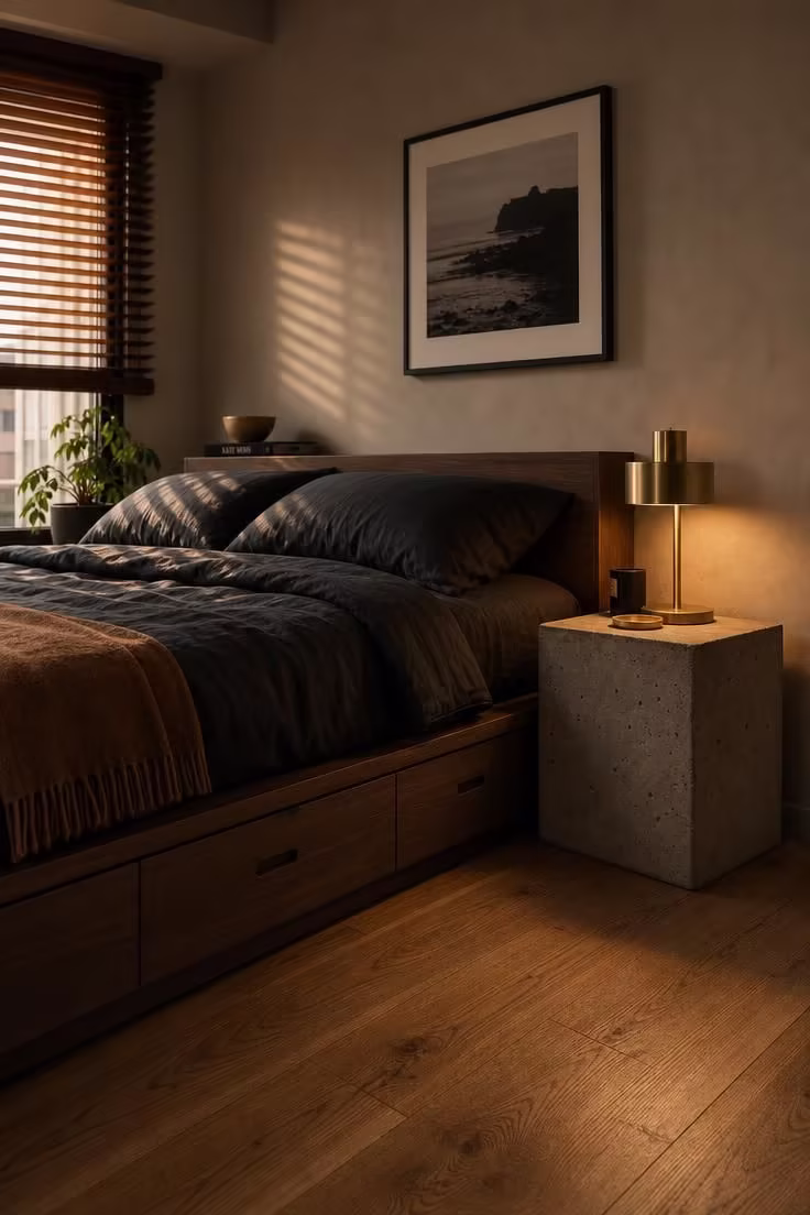 Raw concrete cube nightstand beside a low walnut platform bed with charcoal linen bedding and warm brass lamp light in a masculine studio apartment