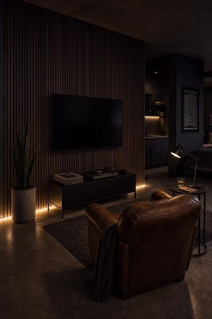 Cognac leather club chair facing a mounted TV on a dark wood slat accent wall with moody low lighting in a bachelor pad studio