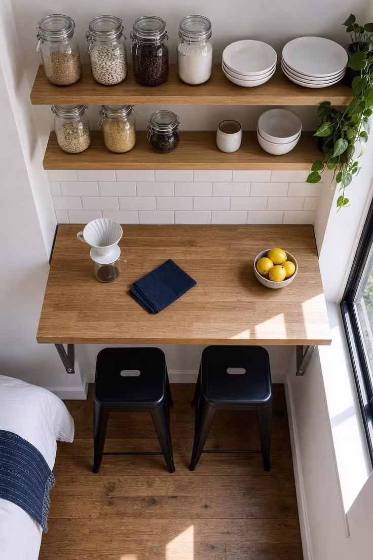 Overhead view of a wall-mounted butcher block counter with steel brackets and matte black stools in a bright studio apartment kitchen