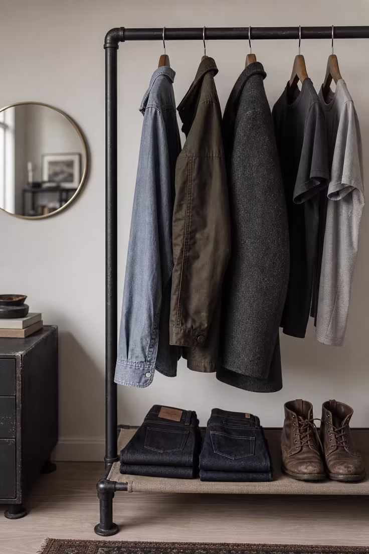 Close-up of a matte black pipe wardrobe rack with capsule wardrobe clothing and leather boots on a canvas shelf in a studio apartment
