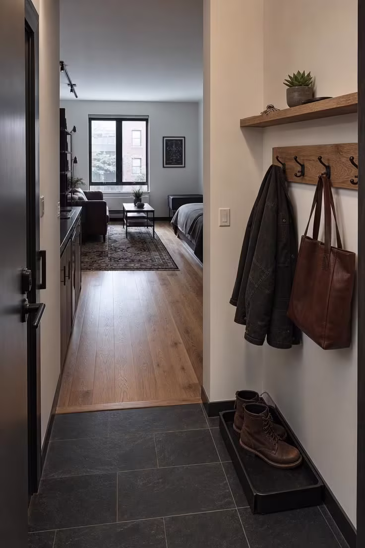 Doorway view of a slate tile entryway strip with oak coat rack and iron hooks in a cool-lit studio apartment