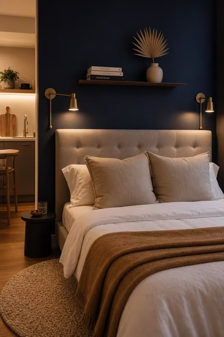 Dark navy accent wall with tufted dove headboard, brass sconces, and warm golden light in a masculine studio bedroom zone