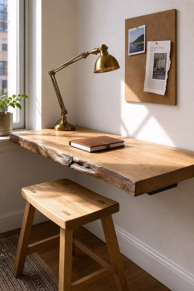 Close-up of a floating live-edge oak desk shelf with vintage brass task lamp and leather notebook in a bright studio apartment corner