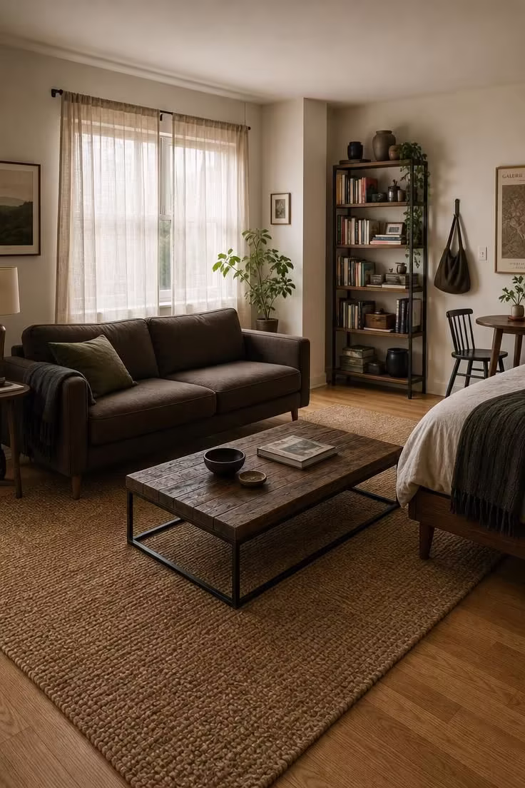 Wide view of a studio apartment living zone defined by a jute rug under a low iron and reclaimed wood coffee table with a linen sofa