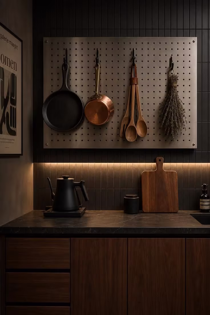 Brushed steel pegboard with hanging cast iron skillet and copper pan above a dark stone kitchen counter in moody studio apartment lighting