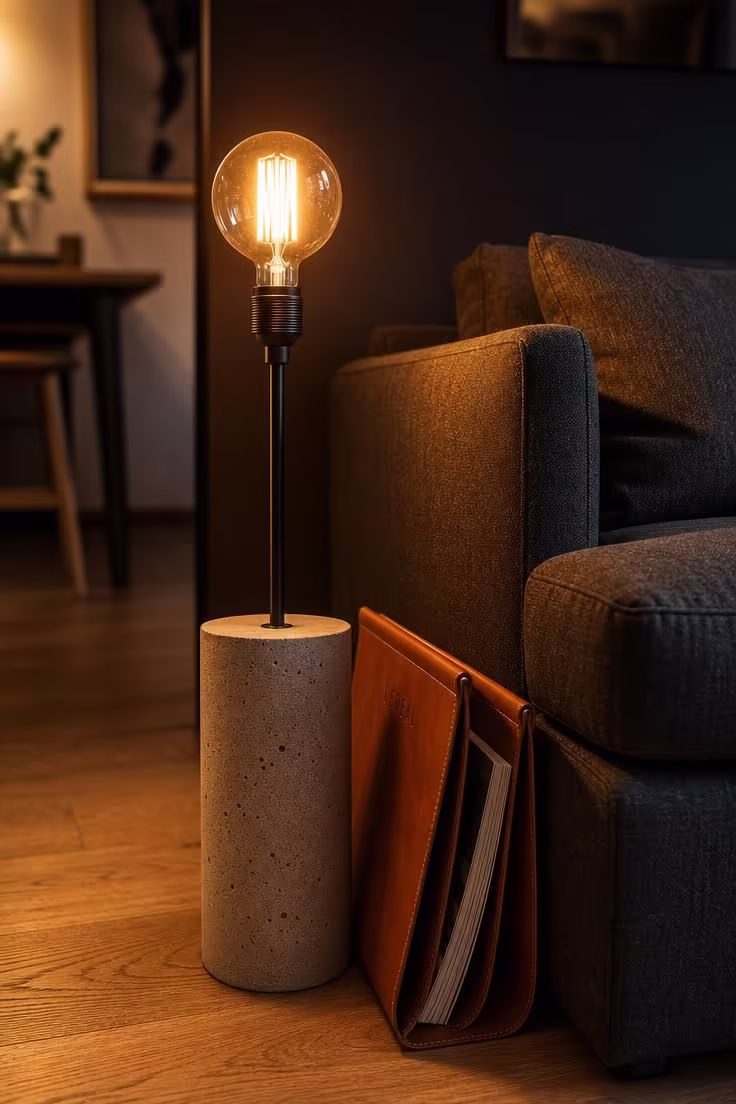 Close-up of a concrete-look floor lamp with exposed filament bulb casting warm amber light beside a charcoal linen sofa