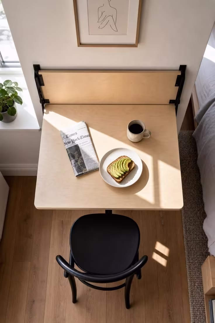 Overhead view of a birch plywood fold-down wall table with breakfast setting and matte black chair in a bright studio apartment
