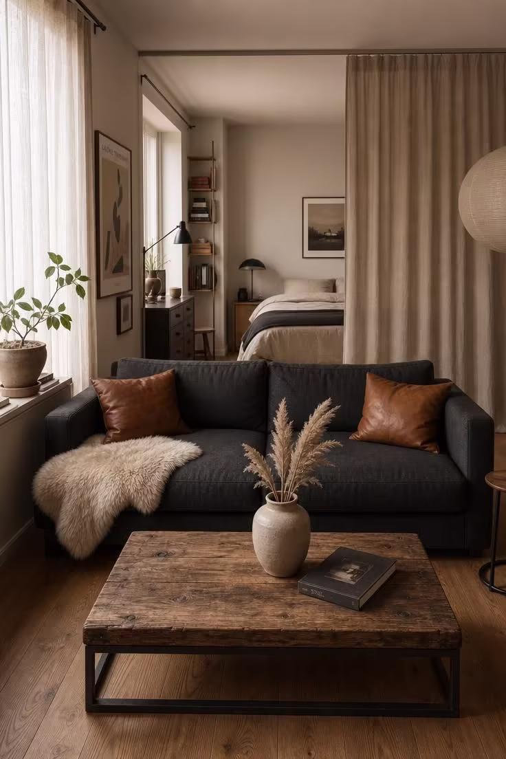Charcoal linen sofa with sheepskin throw and cognac leather pillows in a soft-lit studio apartment living area