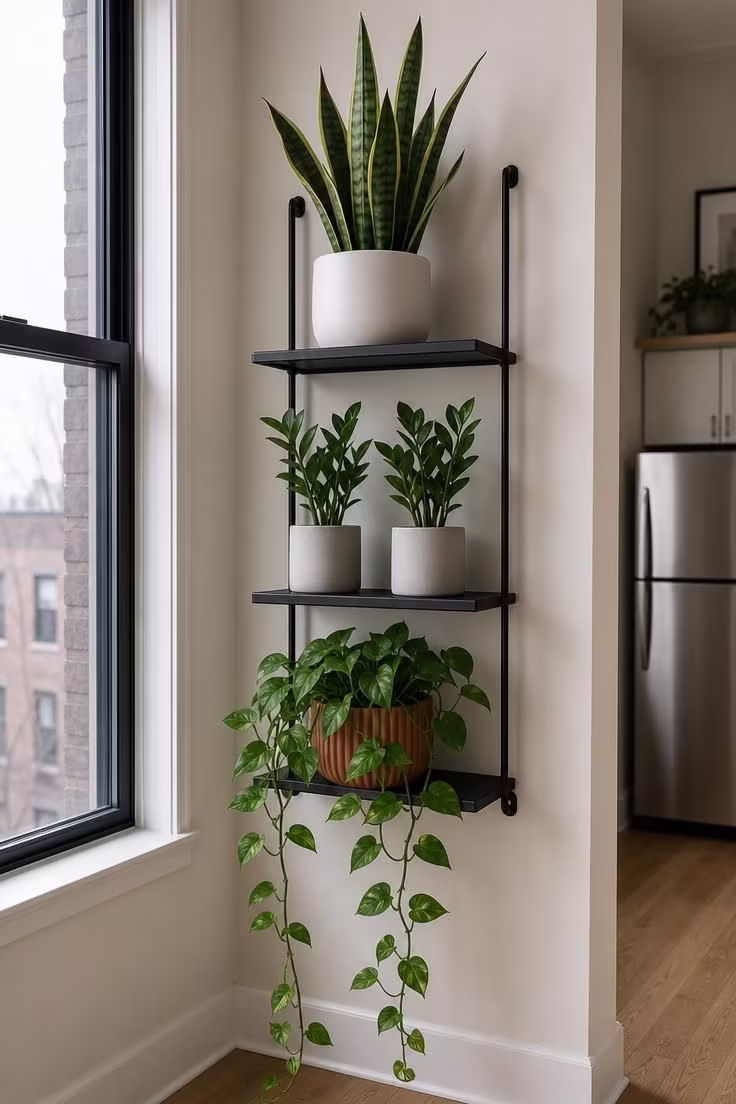 Three-tier black iron wall shelf with snake plant, ZZ plants, and trailing pothos in a cool-lit studio apartment vertical garden