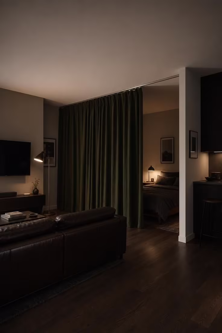 Ceiling-hung curtain track with forest green linen curtain partially drawn to separate bedroom from living room in a moody studio apartment