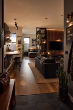 Wide-angle view of a complete masculine studio apartment with charcoal sofa, walnut bed, dark wood accent wall, and warm golden light streaming through the space