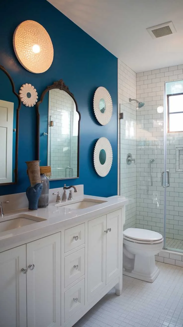 13 Blue and White Bathroom Ideas for a Fresh Look 13 A stylish bathroom featuring a blue accent wall and white decor.