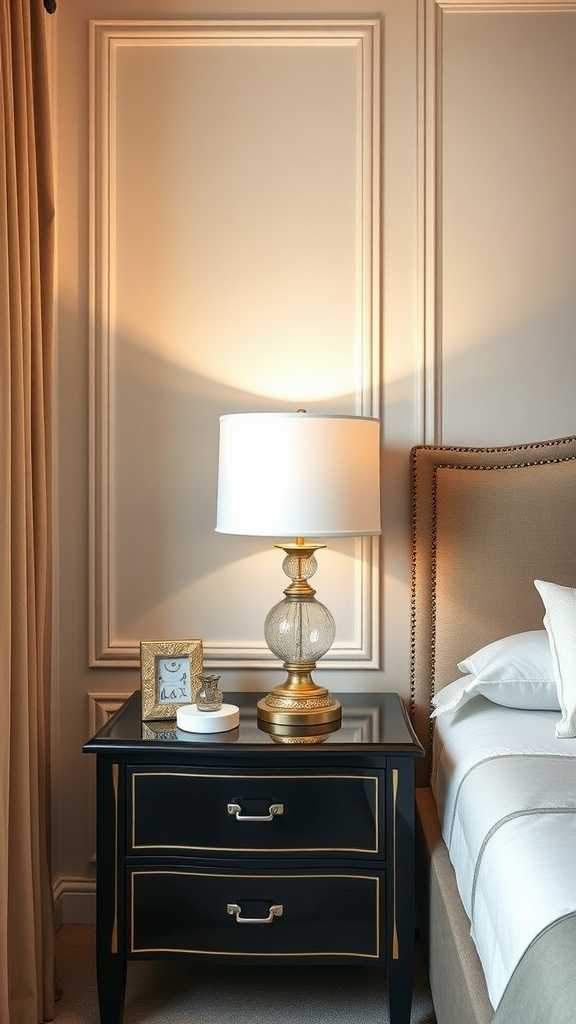 Stylish nightstands with lamps, books, and flowers in a sophisticated bedroom.