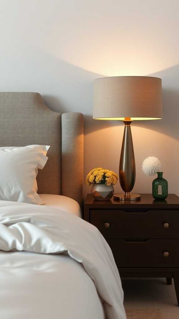 A stylish nightstand with a lamp and decorative items beside a neatly made bed.