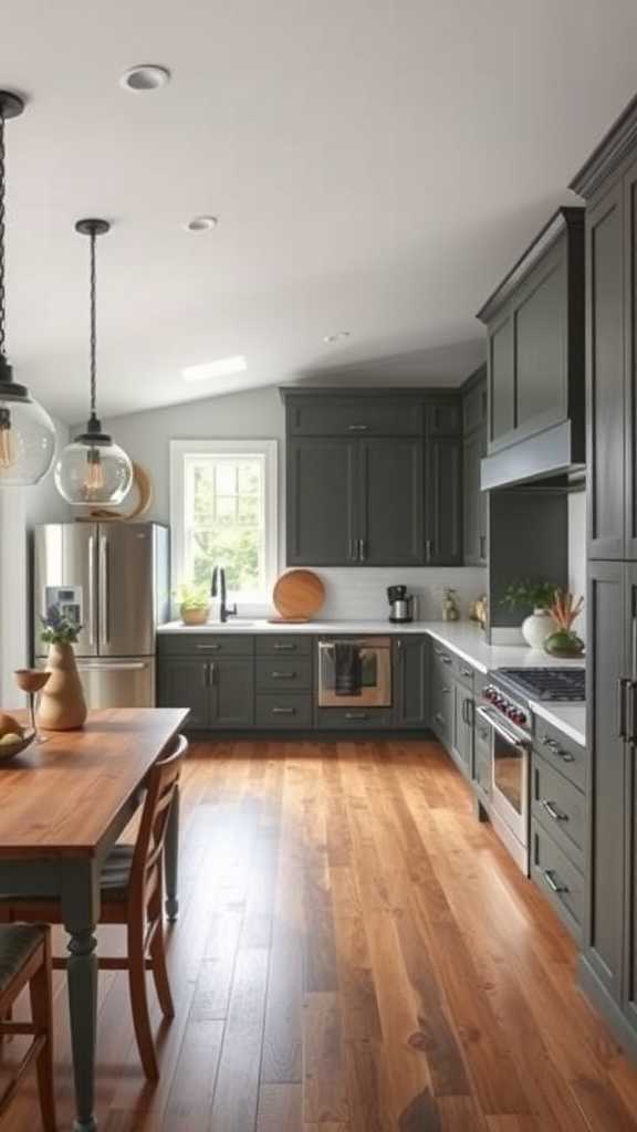 A cozy open concept farmhouse kitchen with wooden beams, white cabinetry, and a central island.