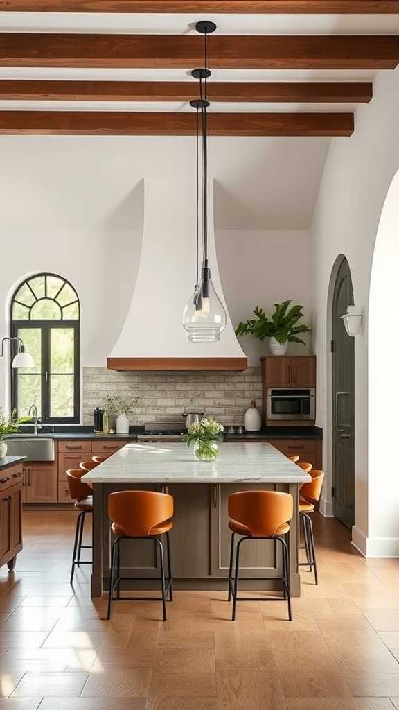 A modern Spanish Mediterranean kitchen featuring stylish pendant lighting above a large island with dark wood cabinets.