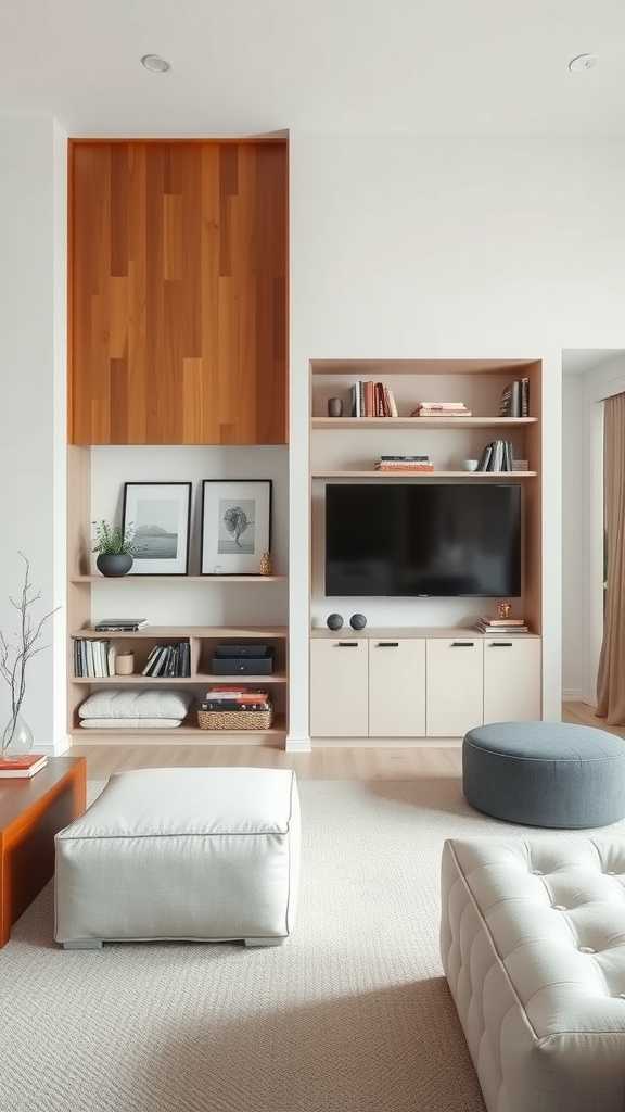 A modern minimalist living room featuring stylish storage solutions.