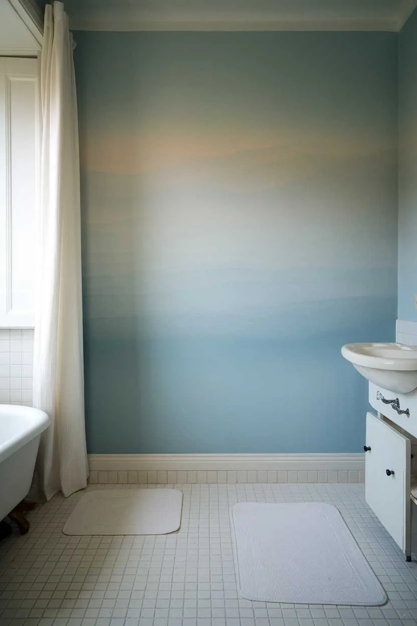 14 Light Blue Bathroom Ideas to Inspire Your Space 12 A light blue ombre wall in a bathroom with a bathtub and sink.