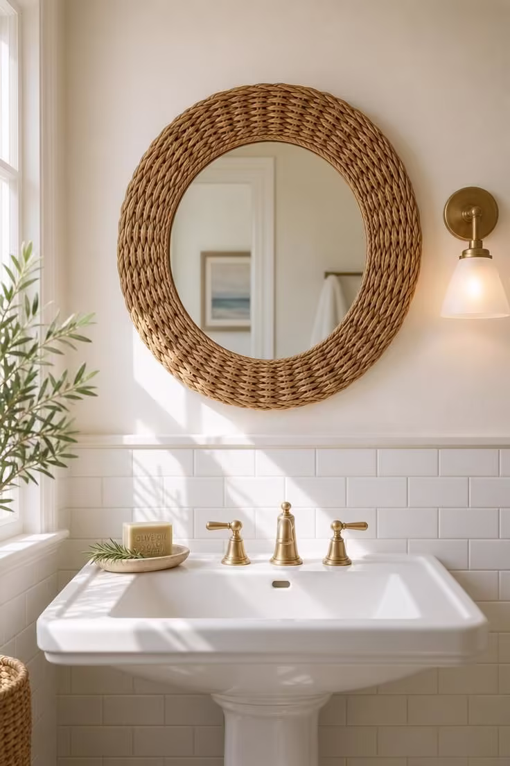 Round woven rattan mirror frame hanging above a white pedestal sink with a ceramic soap tray and matte brass sconce in bright midday light