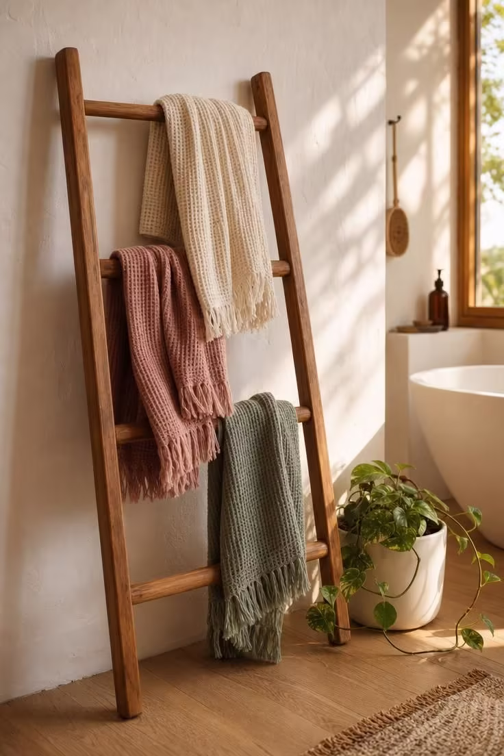 Teak ladder rack with cream, dusty rose, and sage waffle weave Turkish towels in warm golden afternoon light