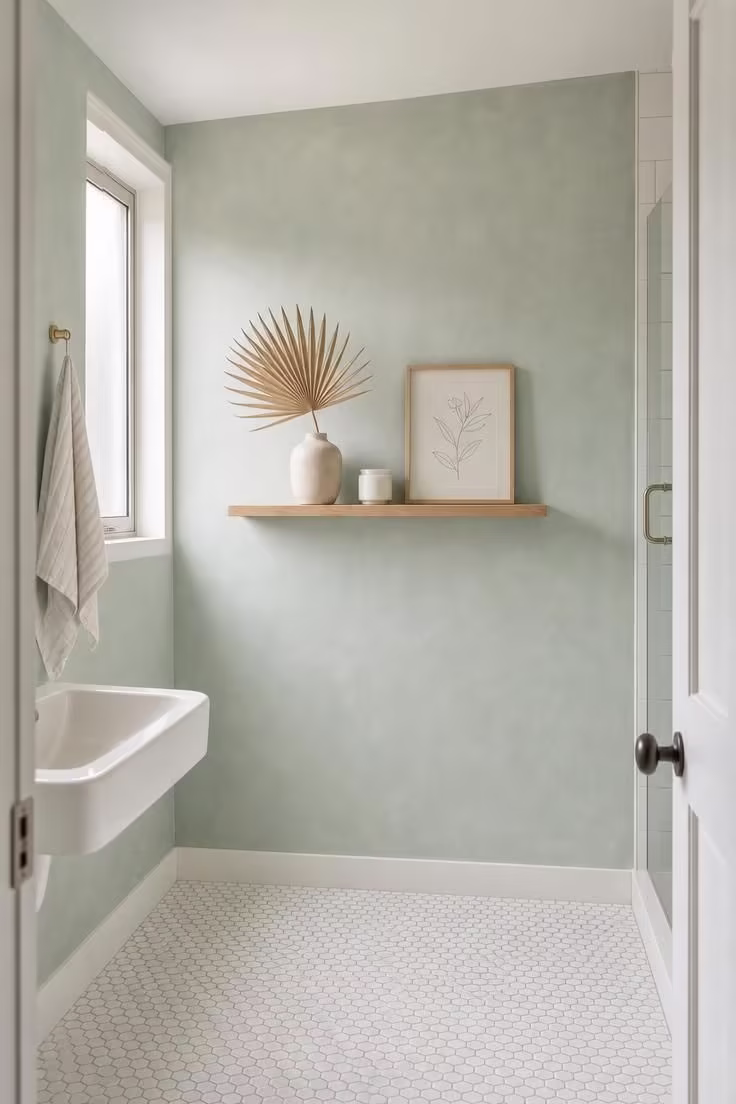 Pale seafoam limewash bathroom walls with floating oak shelf, ceramic vase, and white hexagon floor tile in cool morning light