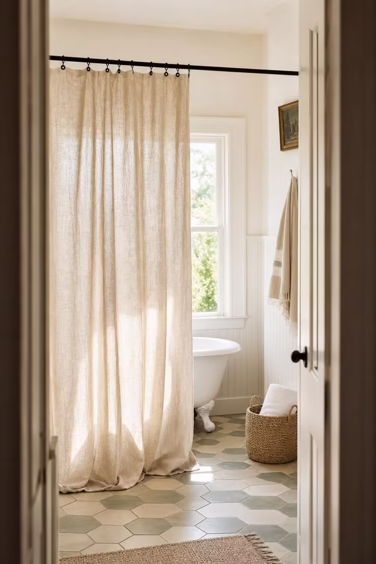 Natural oatmeal linen shower curtain with raw hem pooling on sage hexagon cement tiles in bright backlit midday sun