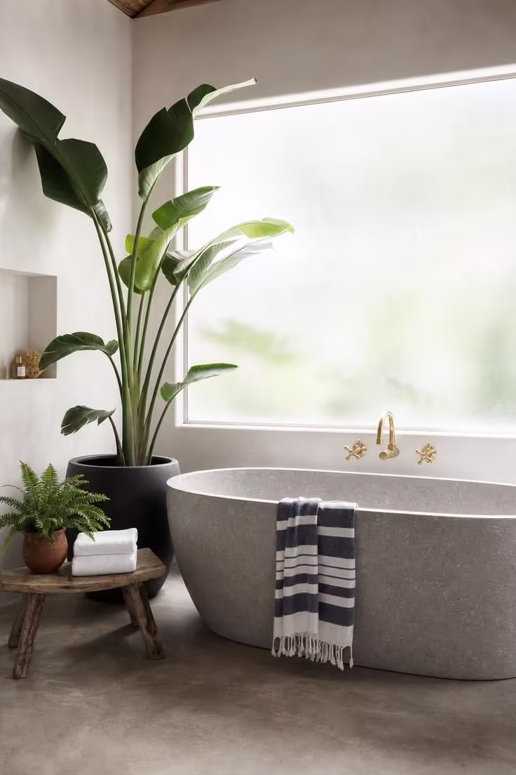 Freestanding grey limestone bathtub with tall bird of paradise plant, brass tub filler, and peshtemal towel in soft diffused light