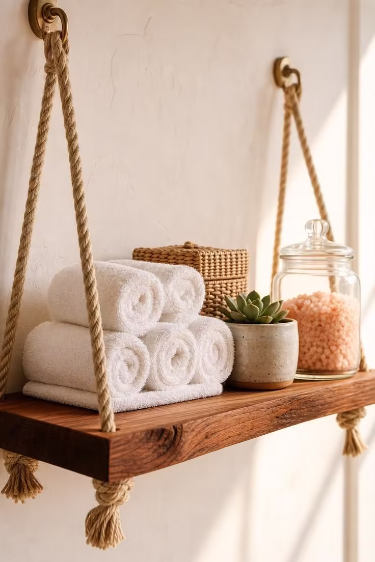 Cedar and rope hanging shelf with rolled white washcloths, succulent, and glass bath salt jar in warm golden light