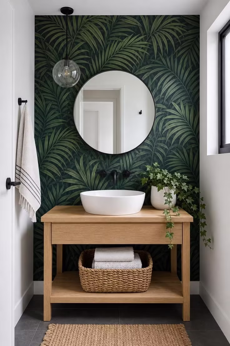 Dark green palm leaf wallpaper accent wall behind white vessel sink on oak vanity with seagrass basket in cool overcast light