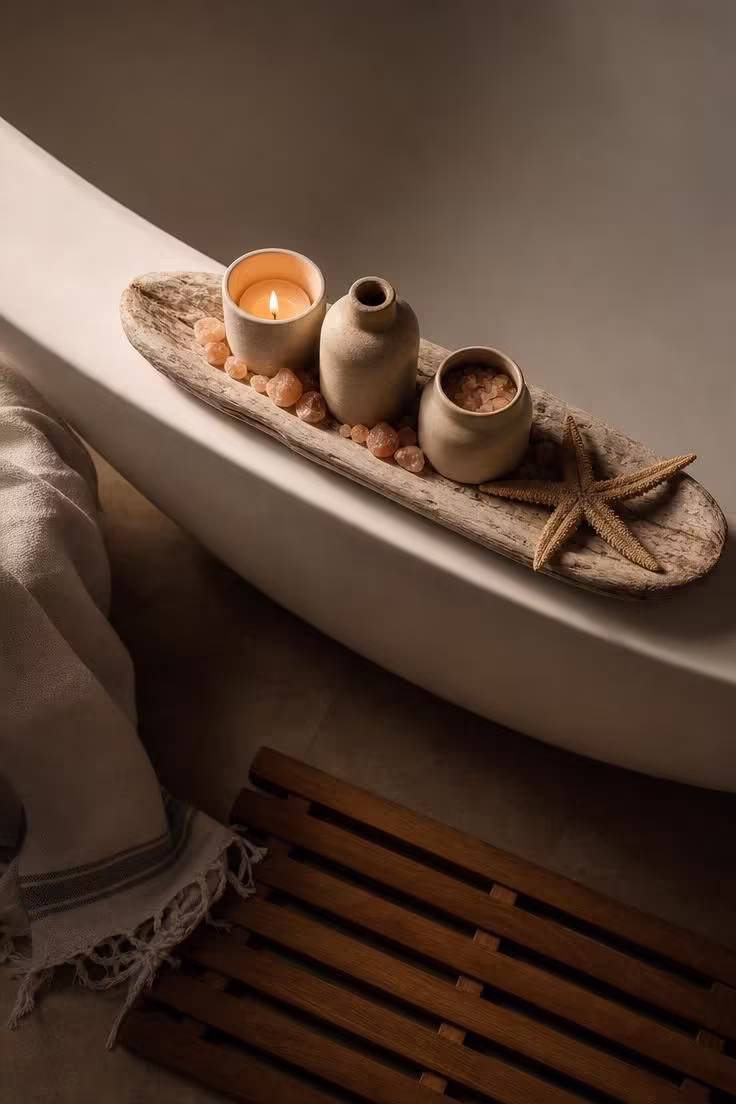 Overhead view of whitewashed driftwood tray with stoneware vessels, Himalayan salt stones, and dried starfish on a bathtub ledge