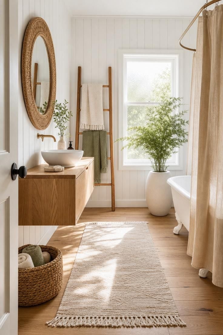Bright airy summer bathroom with clawfoot tub, linen curtain, rattan mirror, teak towel rack, and potted fern in midday sunlight