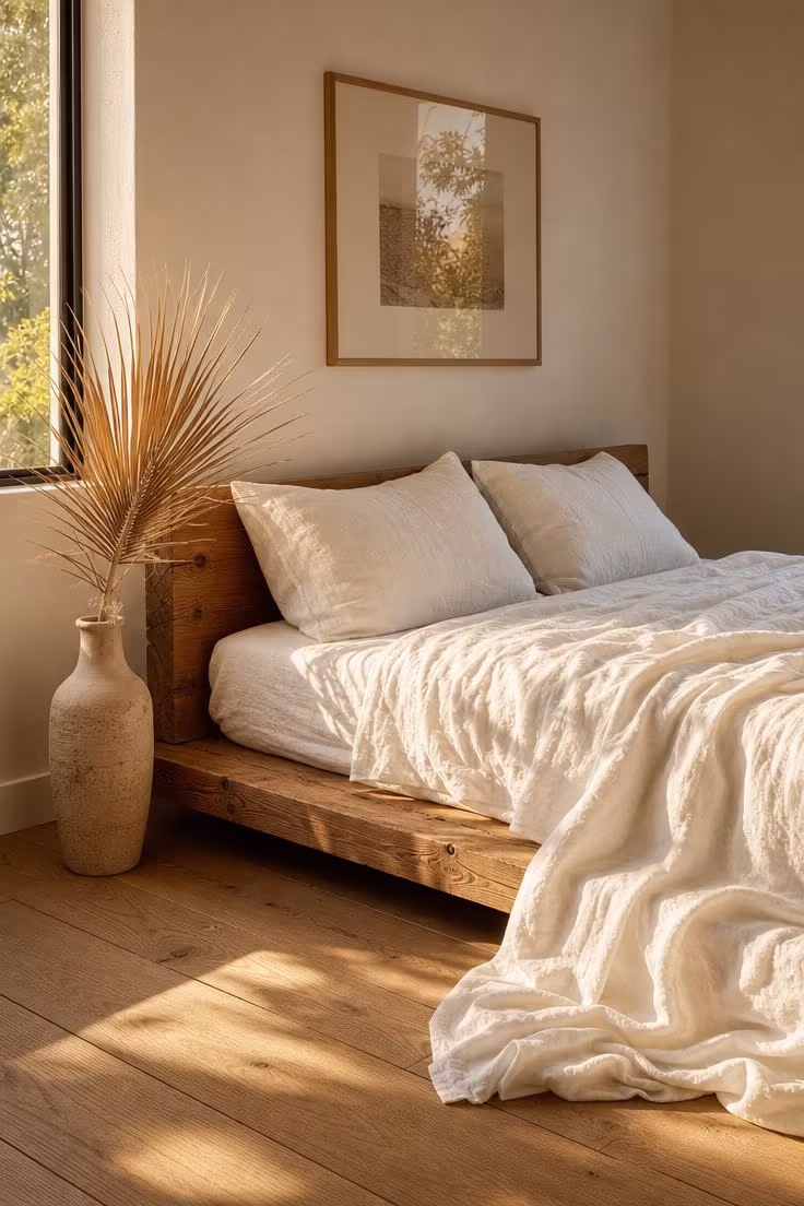 15 Breezy Summer Bedroom Ideas That Feel Like a Getaway 1 A raw cedar platform bed dressed in white linen bedding, bathed in warm golden afternoon light from a west-facing window.