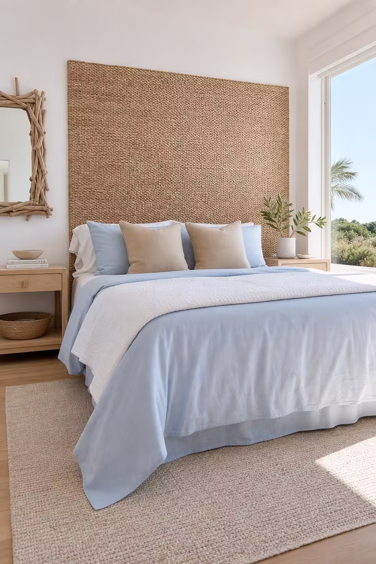 15 Breezy Summer Bedroom Ideas That Feel Like a Getaway 2 A woven seagrass headboard behind a bed dressed in pale blue percale sheets, filled with bright midday coastal light.