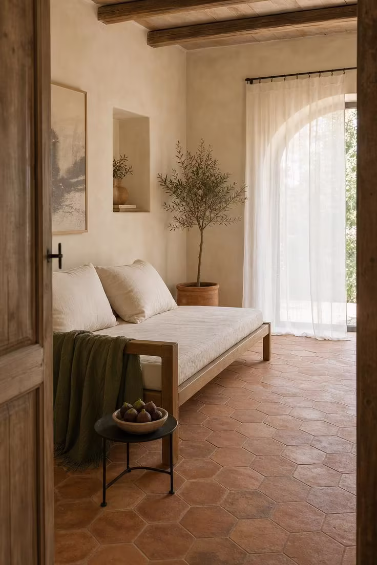 15 Breezy Summer Bedroom Ideas That Feel Like a Getaway 3 A low teak daybed with cream cushions on hexagonal terracotta floor tiles, seen from a doorway in soft diffused light.