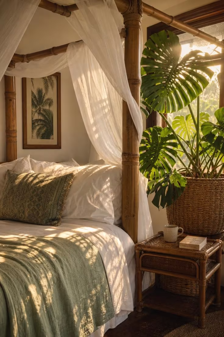 15 Breezy Summer Bedroom Ideas That Feel Like a Getaway 4 A bamboo four-poster bed with sheer white draping beside a large monstera plant, glowing in warm late-afternoon golden light.