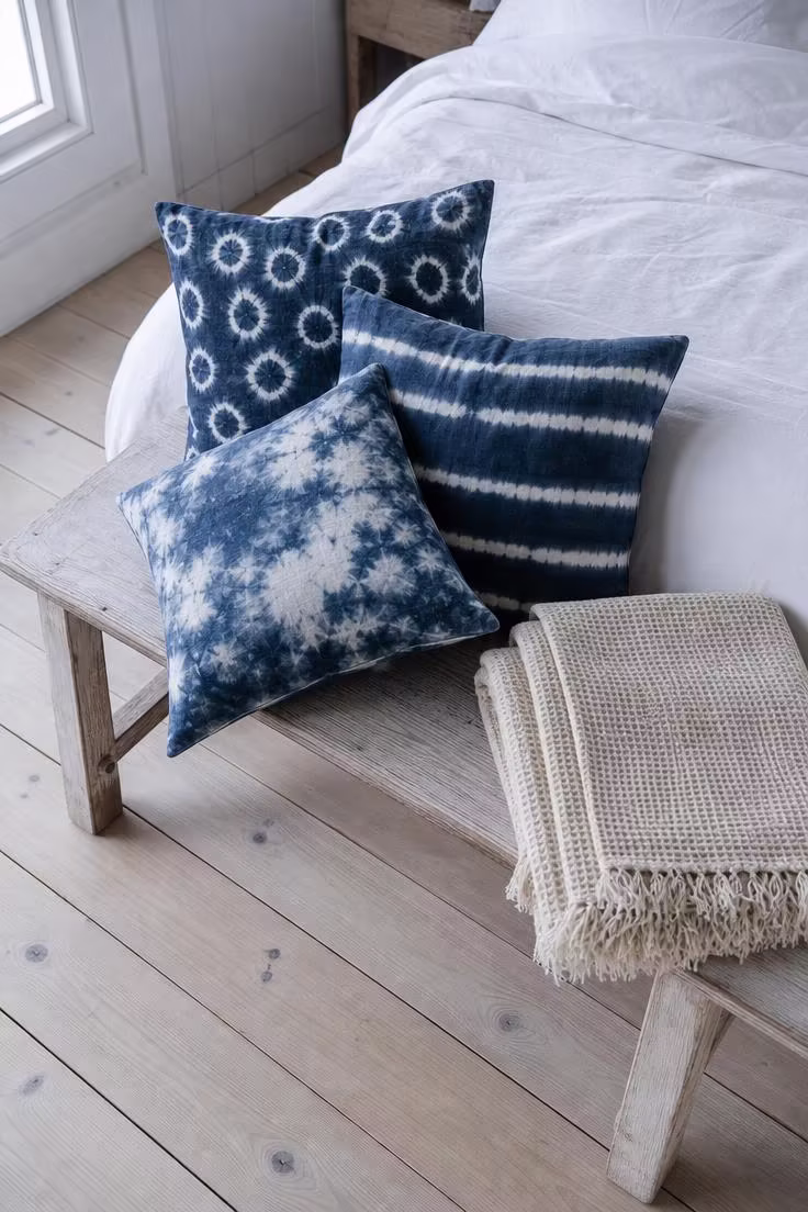 15 Breezy Summer Bedroom Ideas That Feel Like a Getaway 5 Three indigo shibori pillow covers stacked on a whitewashed oak bench in cool overcast morning light.