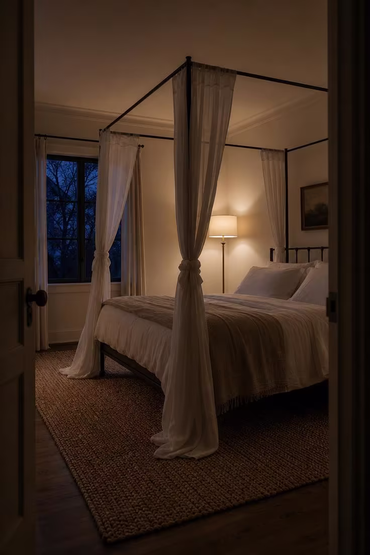 15 Breezy Summer Bedroom Ideas That Feel Like a Getaway 6 A wrought iron canopy bed with billowing white cotton panels on a braided jute rug, lit by a single brass floor lamp at dusk.