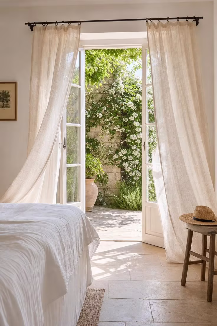 15 Breezy Summer Bedroom Ideas That Feel Like a Getaway 7 Sheer linen curtains billowing inward from open French doors with a lush garden view, flooded with bright midday light.