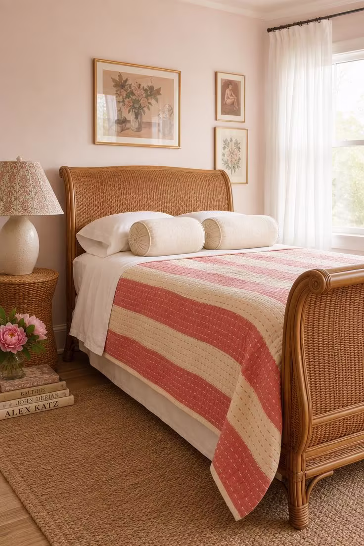 15 Breezy Summer Bedroom Ideas That Feel Like a Getaway 8 A rattan sleigh bed dressed in coral and cream striped quilting with soft diffused afternoon light and blush walls.