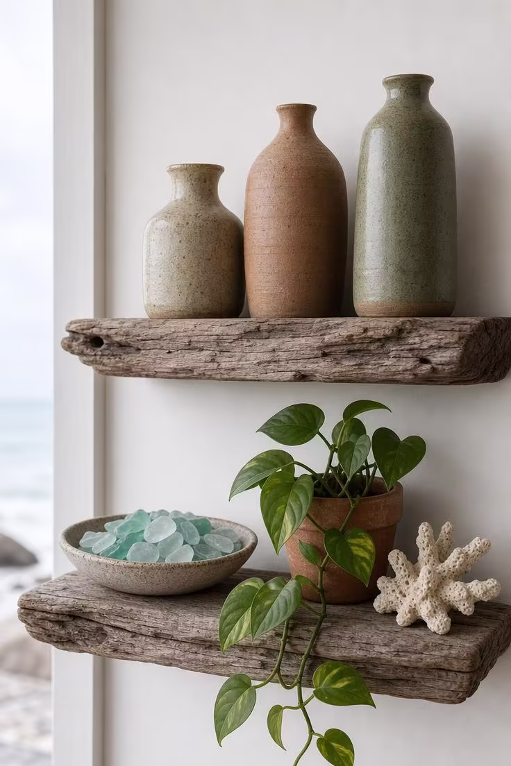 15 Breezy Summer Bedroom Ideas That Feel Like a Getaway 9 Two driftwood floating shelves displaying handmade ceramic vases and tumbled sea glass in cool overcast morning light.