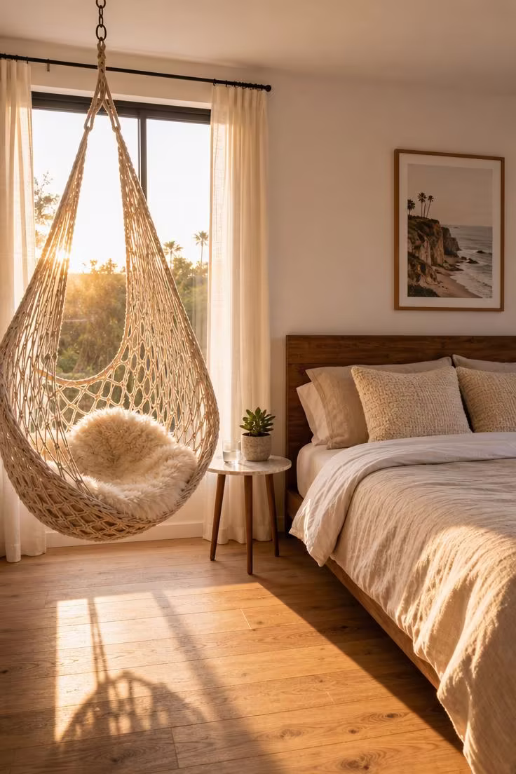 15 Breezy Summer Bedroom Ideas That Feel Like a Getaway 10 A woven rope hammock chair hanging beside a linen-covered bed, backlit by warm golden hour light from a large window.