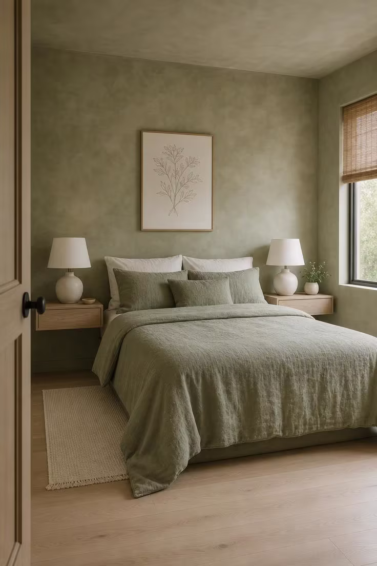 15 Breezy Summer Bedroom Ideas That Feel Like a Getaway 11 Sage green limewash walls with blonde ash floating nightstands and soft green linen bedding in gentle diffused light.