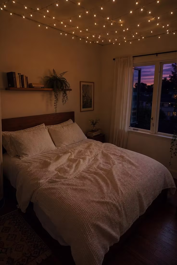 15 Breezy Summer Bedroom Ideas That Feel Like a Getaway 12 Warm micro string lights draped in a grid above a white waffle-weave cotton bed, shot from overhead in moody twilight.