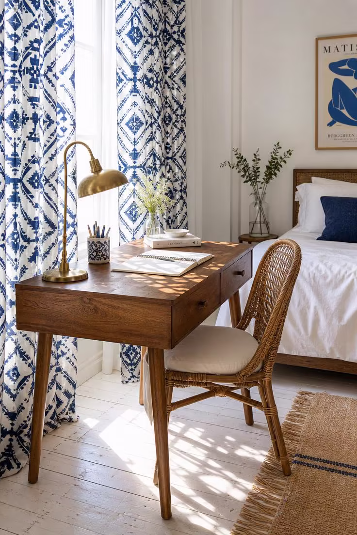 15 Breezy Summer Bedroom Ideas That Feel Like a Getaway 13 Block-printed navy cotton curtains beside a mango wood desk and rattan chair, with bright midday light casting geometric shadows.