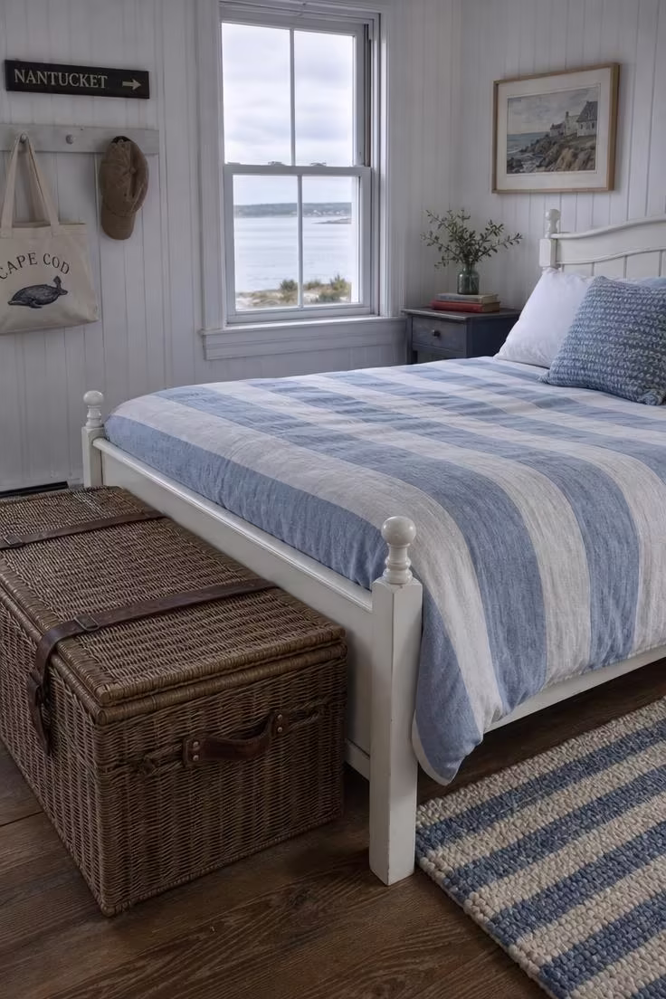 15 Breezy Summer Bedroom Ideas That Feel Like a Getaway 14 A faded blue-and-white striped duvet on a white bed frame with a vintage wicker storage trunk at the foot, in cool overcast light.