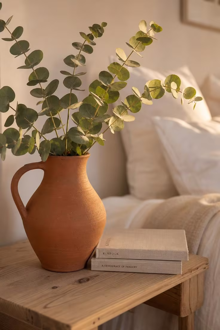 15 Breezy Summer Bedroom Ideas That Feel Like a Getaway 15 Fresh eucalyptus cuttings in a terracotta clay pitcher on a raw pine nightstand, glowing in warm late-afternoon golden light.
