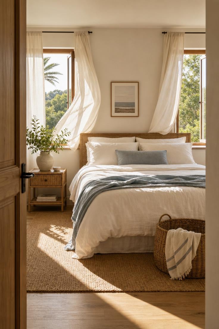 Simple Spaces 14 A sunlit summer bedroom with white linen bedding, billowing sheer curtains, and warm golden afternoon light pouring through open windows.