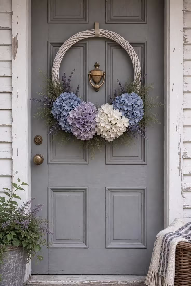 11 Sunny Summer Front Door Decor Ideas to Try Today 1 A whitewashed rattan hoop with a faux hydrangea half-wreath in blue, lavender, and ivory blooms on a dove-gray front door.