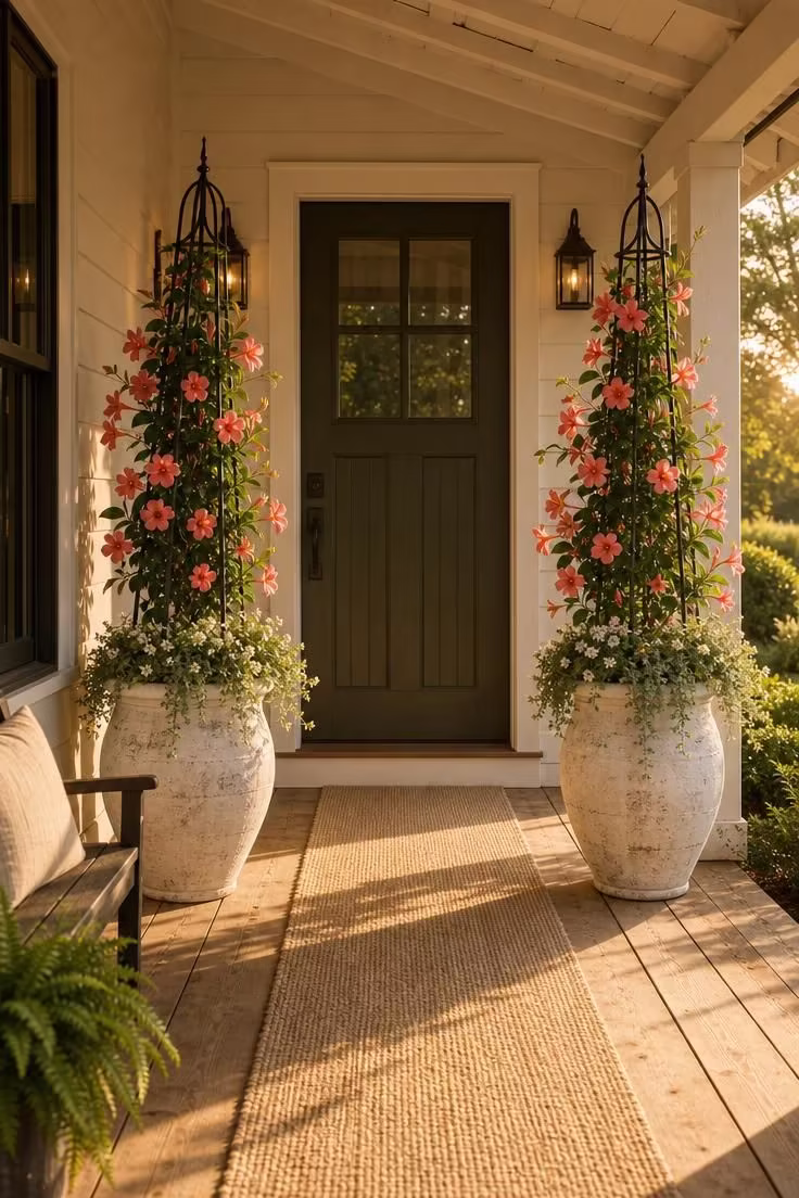 11 Sunny Summer Front Door Decor Ideas to Try Today 2 Two whitewashed terracotta urns holding pink mandevilla vines on black iron obelisks flank a deep olive-green front door under warm afternoon light.